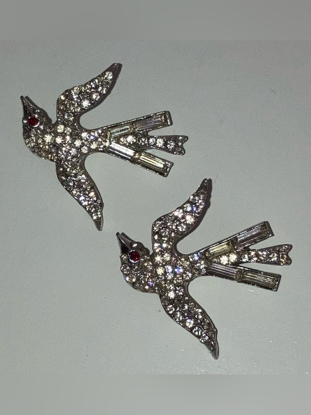 Vintage Rhinestone Pave Bird Pins Pair – Red Eyes, Silver Tone, Unmarked